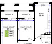 2-комн, 62.54 кв м, этаж 2/8 Ручейная улица, д.1