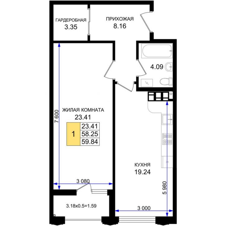 1-комн квартира в новом доме Ручейная улица, д.1
