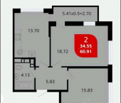 2-комн, 60кв м, этаж 8/16 Солнечная улица, 2
