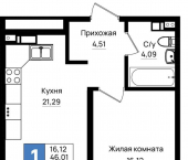 1-комн, 49.4 кв м, этаж 6/9 Ручейная улица, д.1