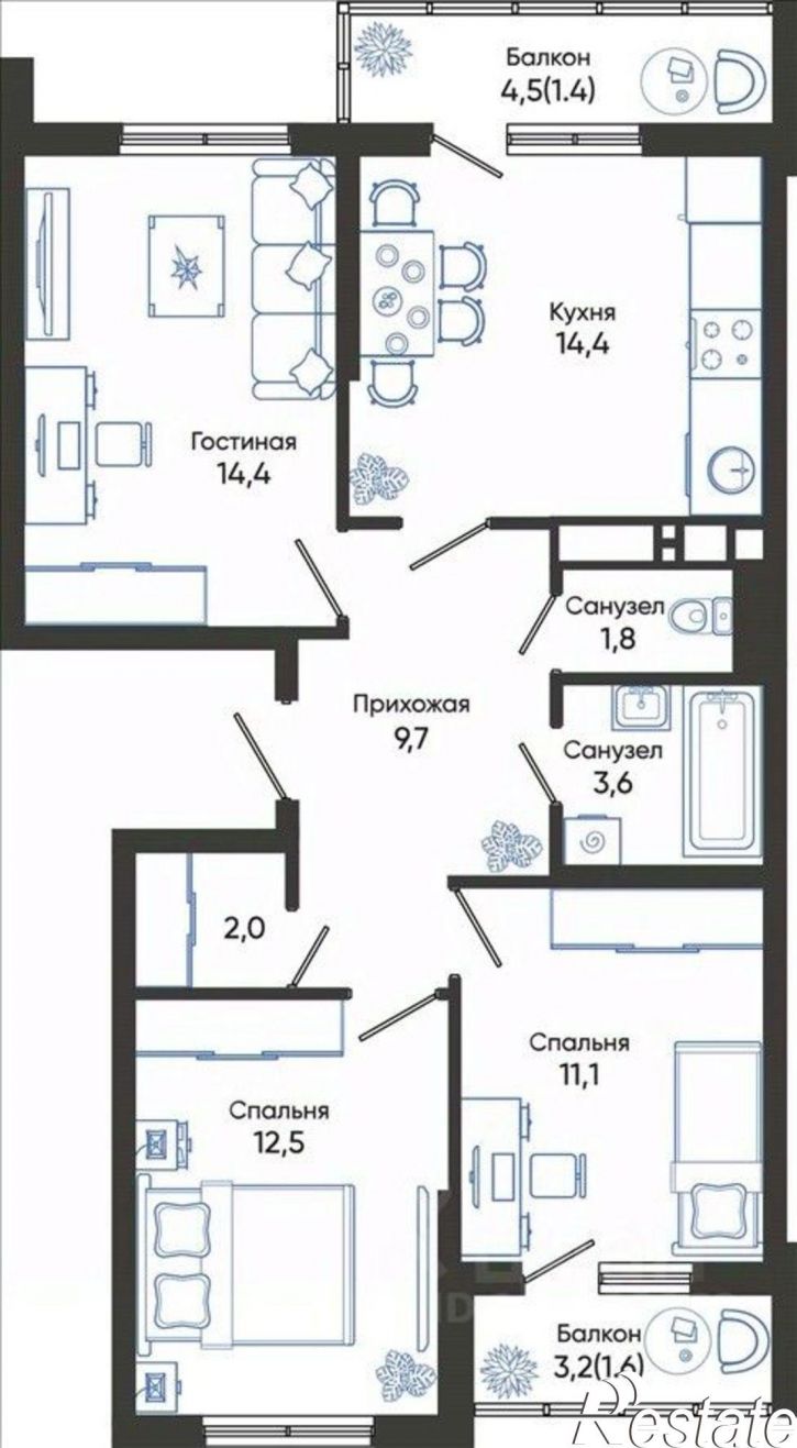 3-комн квартира в новом доме ул Куникова, 47Д,  д. 47Д